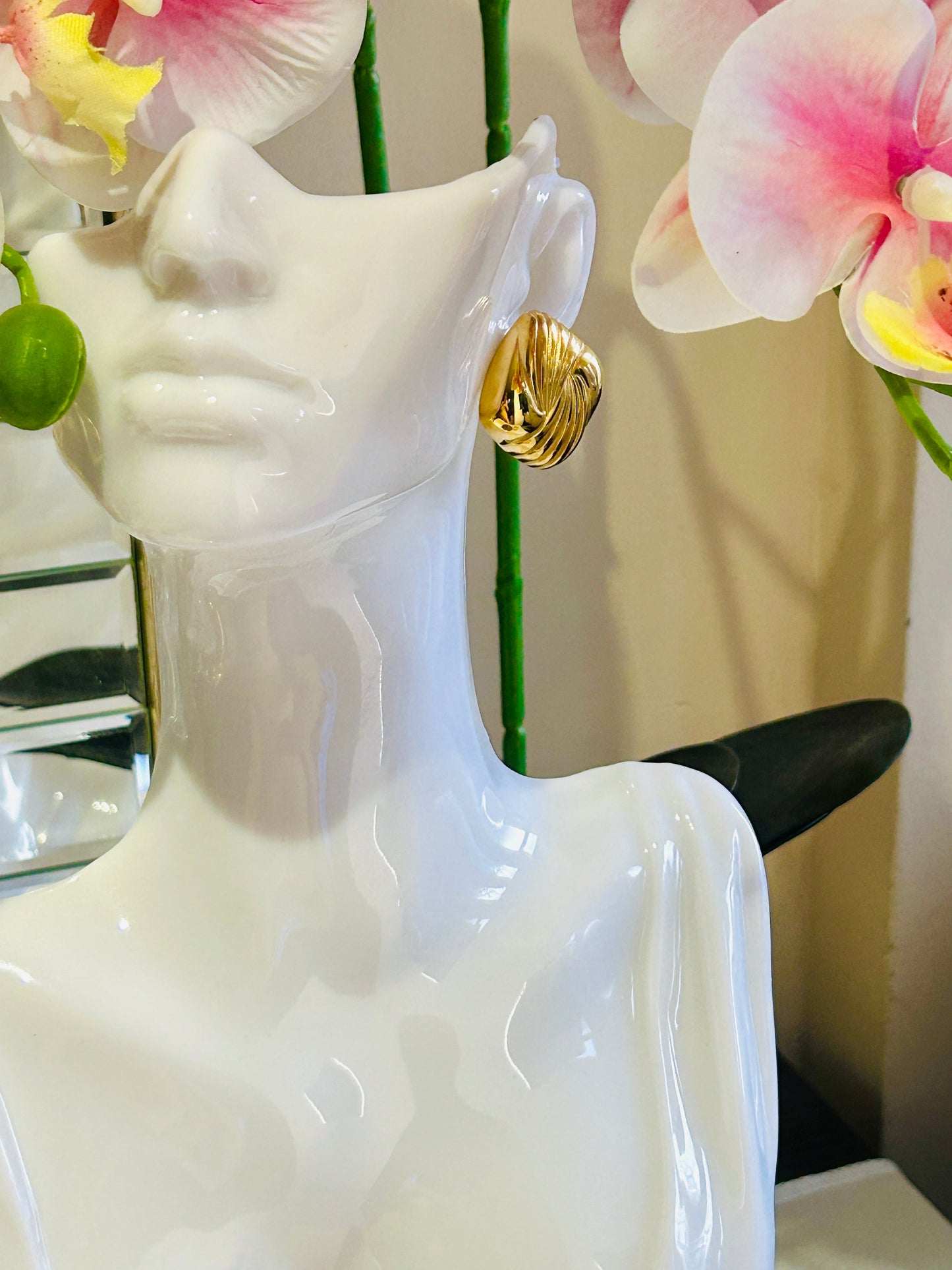 Square Spiral Vintage Earring with 18k gold plating displayed on a mannequin.