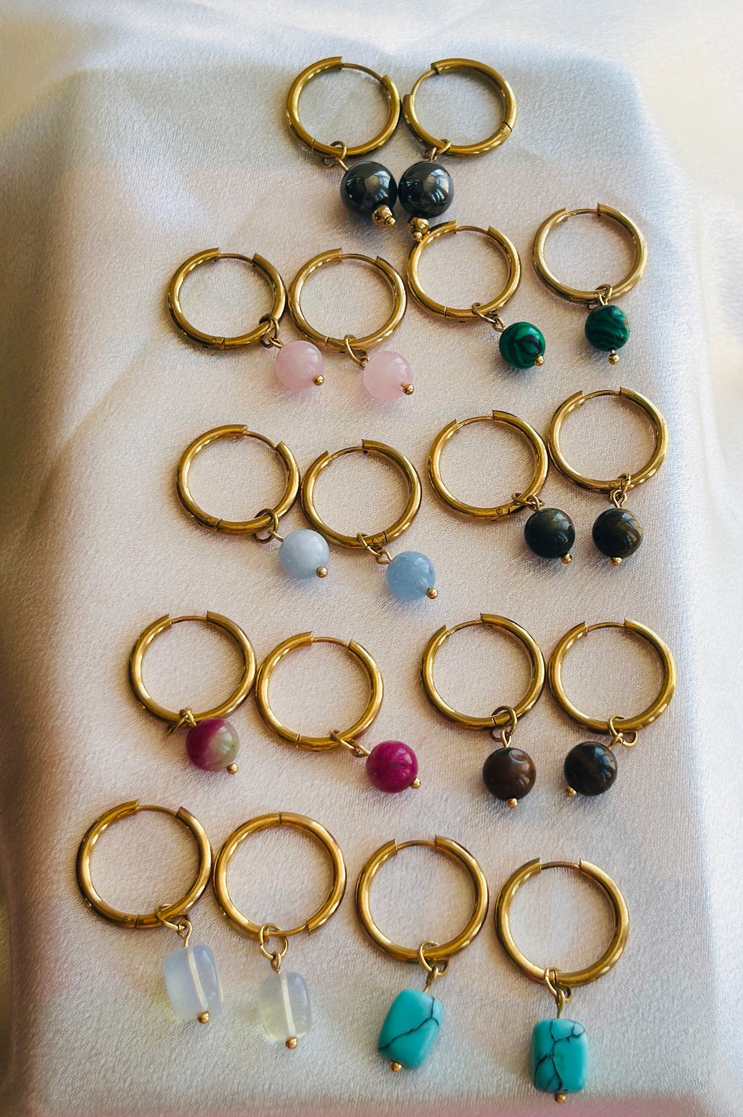 Golden Gemstone Hoop Earrings – Natural Stone Collection - Handmade