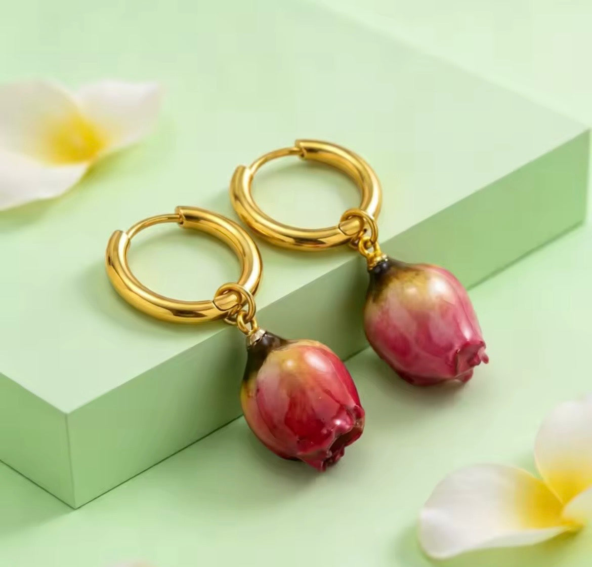 Bloom Rose Petal Hoop Earrings – Natural Rose Flower Petals | 18K PVD Gold Plated Stainless Steel