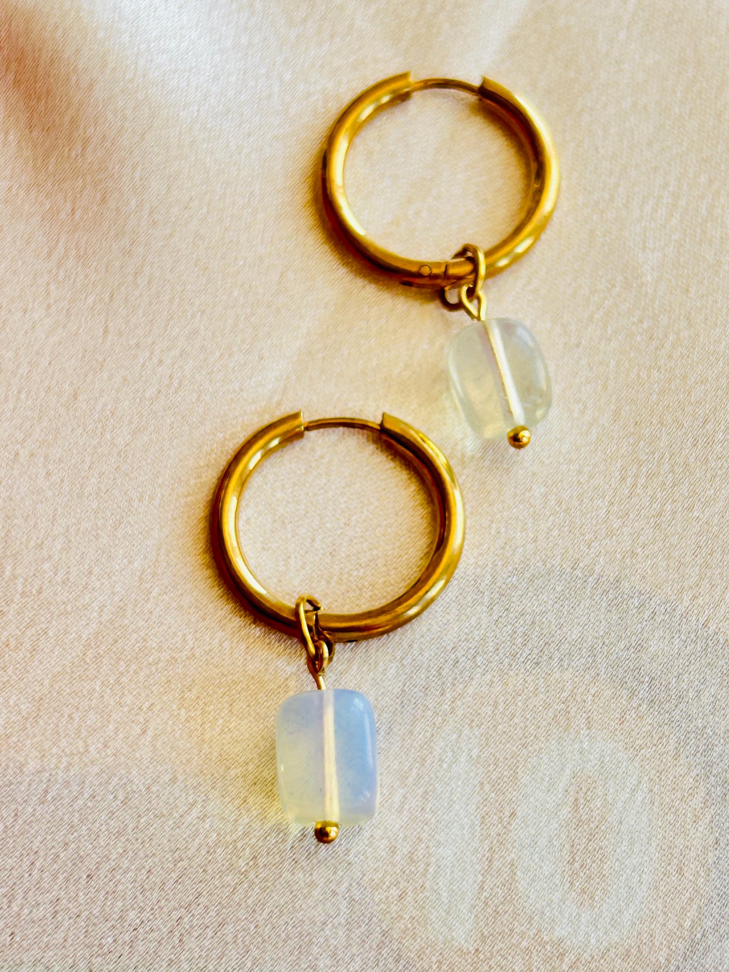 Golden Gemstone Hoop Earrings – Natural Stone Collection - Handmade