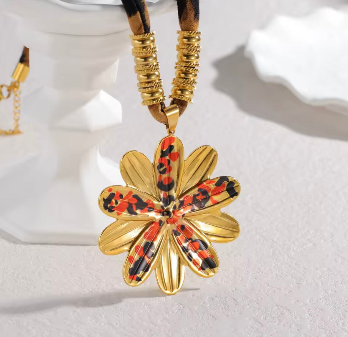 Boho Treasure Fabric Necklace – Stainless Steel & Acrylic Charm Statement Piece