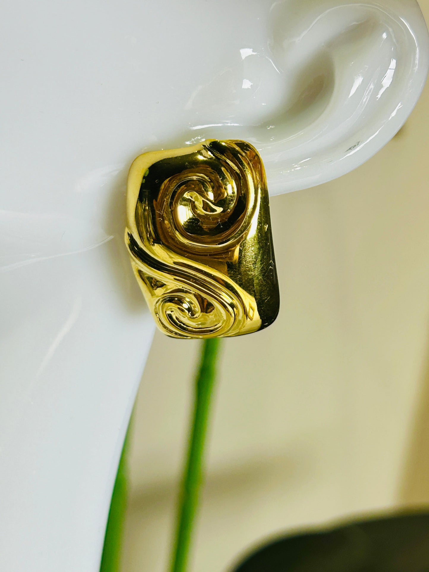 Square Embossed Spiral Earring with 18K gold plating and stylish spiral design.