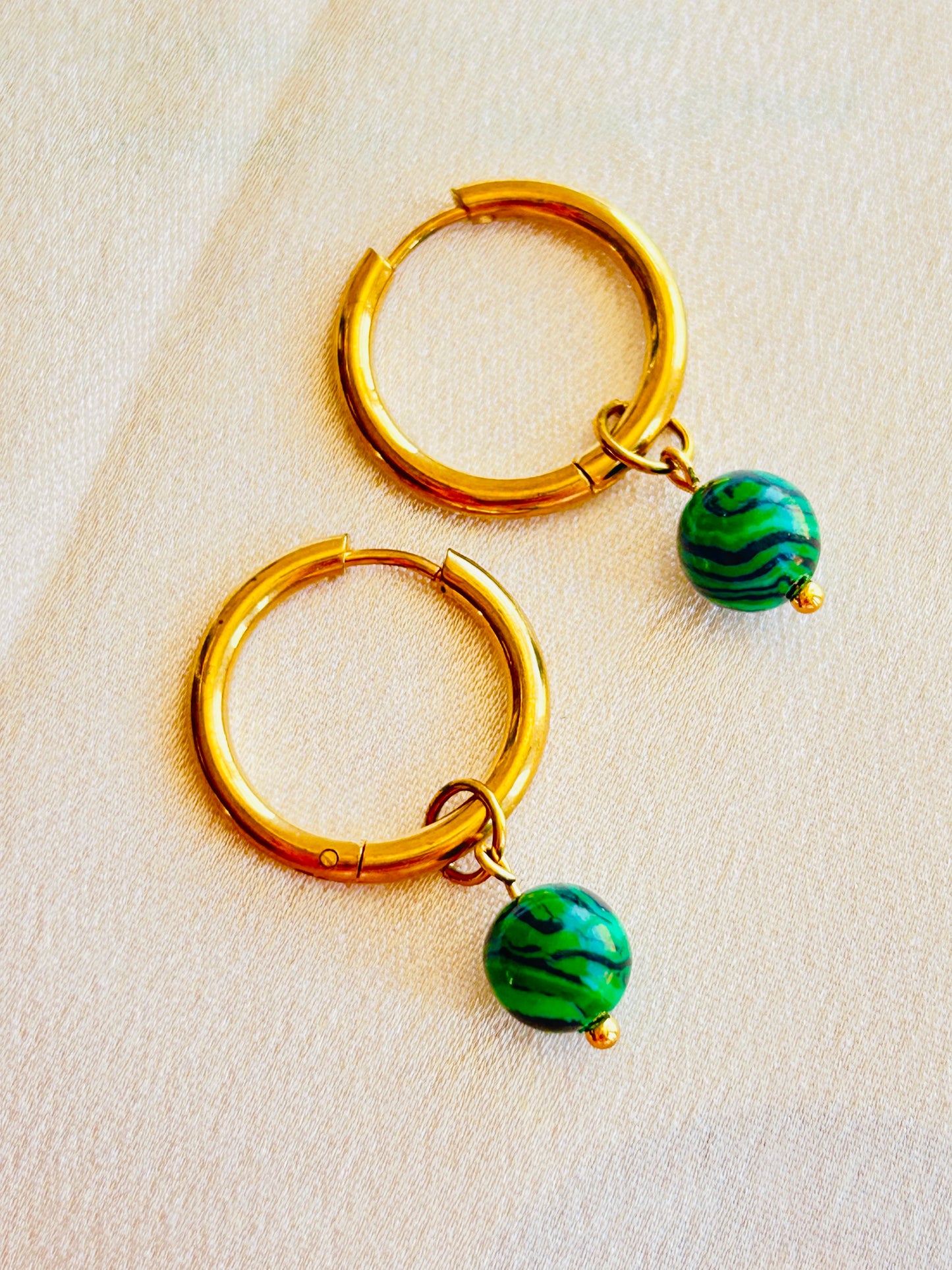 Golden Gemstone Hoop Earrings – Natural Stone Collection - Handmade