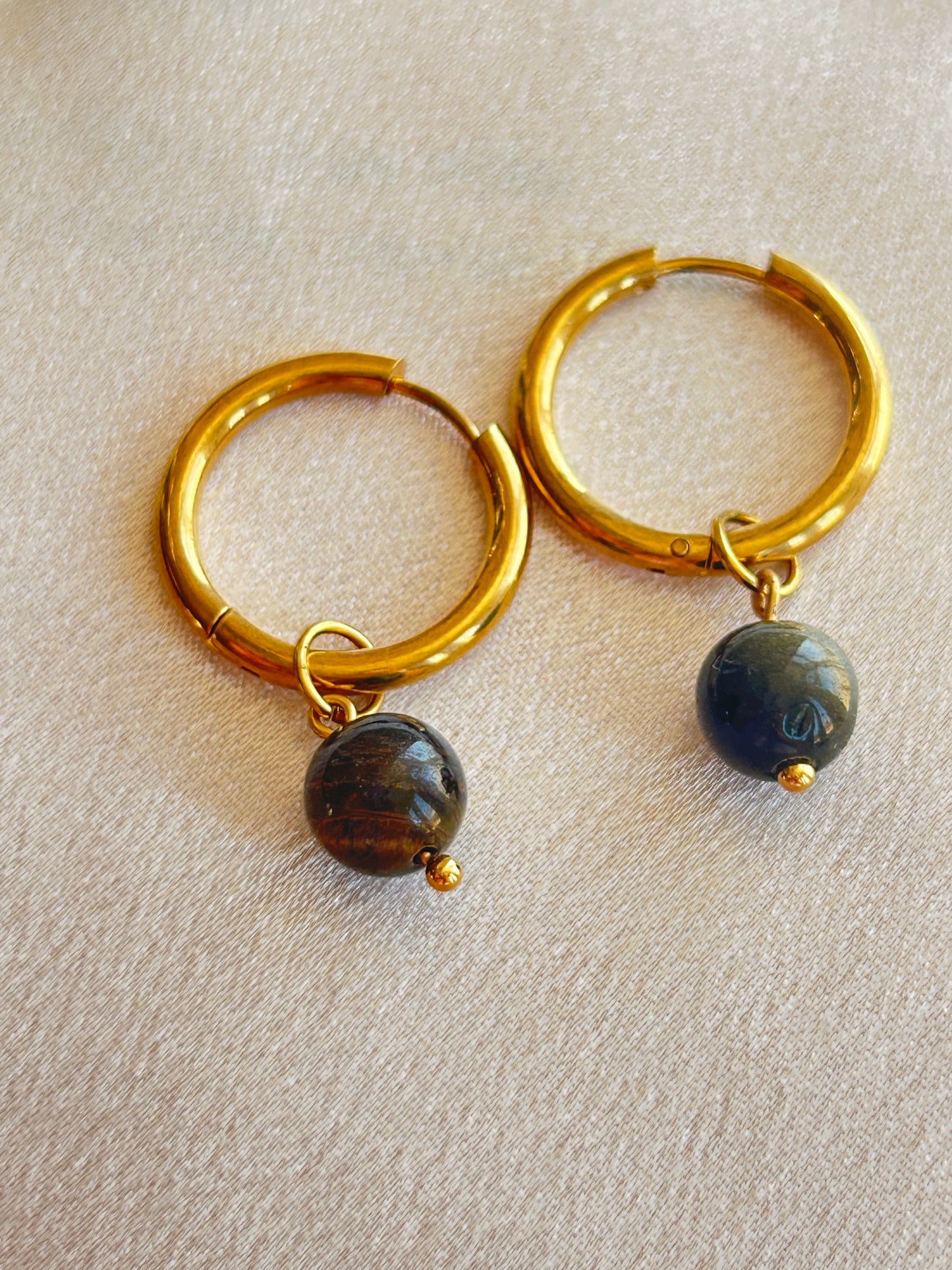 Golden Gemstone Hoop Earrings – Natural Stone Collection - Handmade