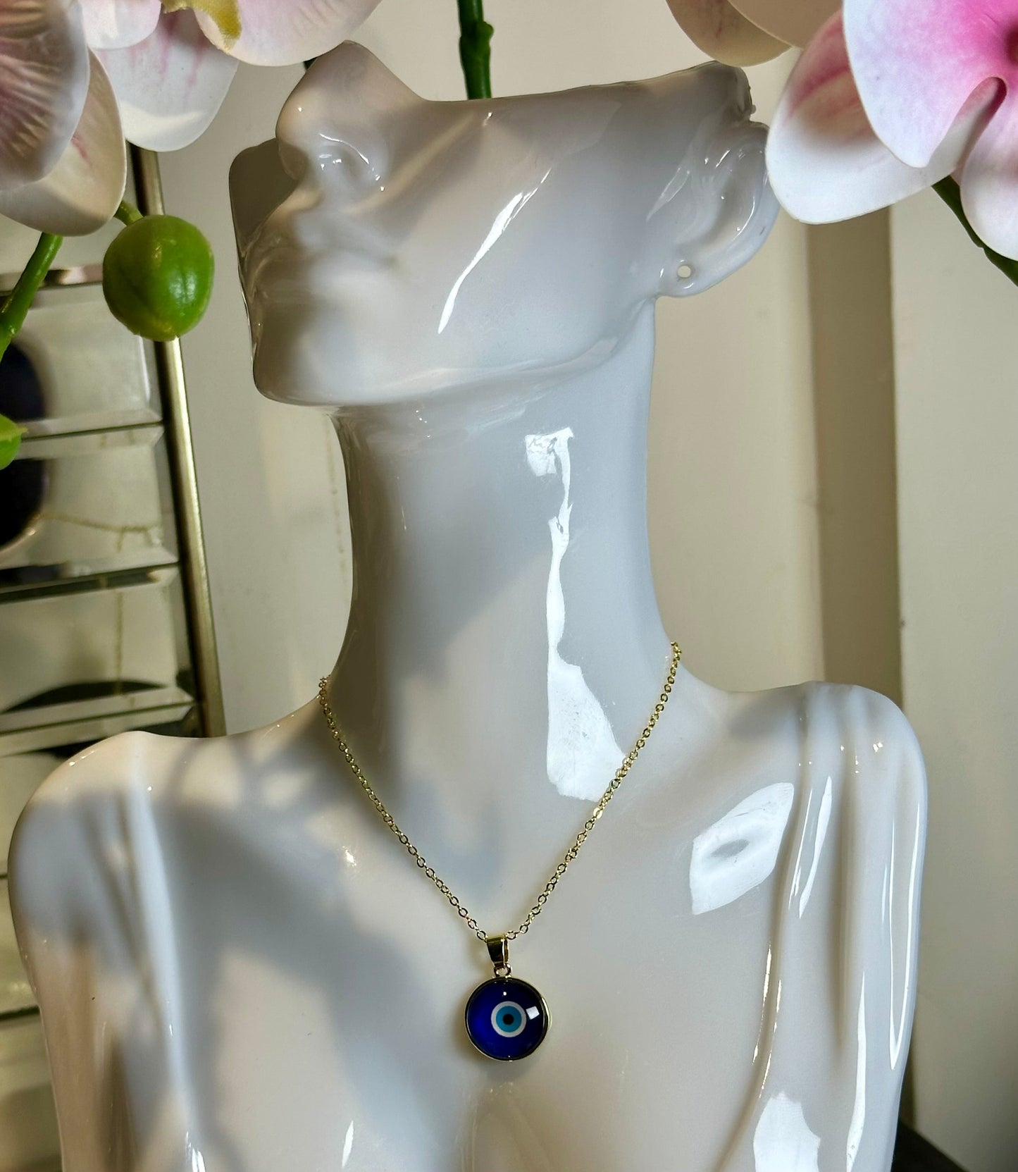 Round Resin Evil Eyes Necklace with gold-plated chain and colorful enamel pendant.