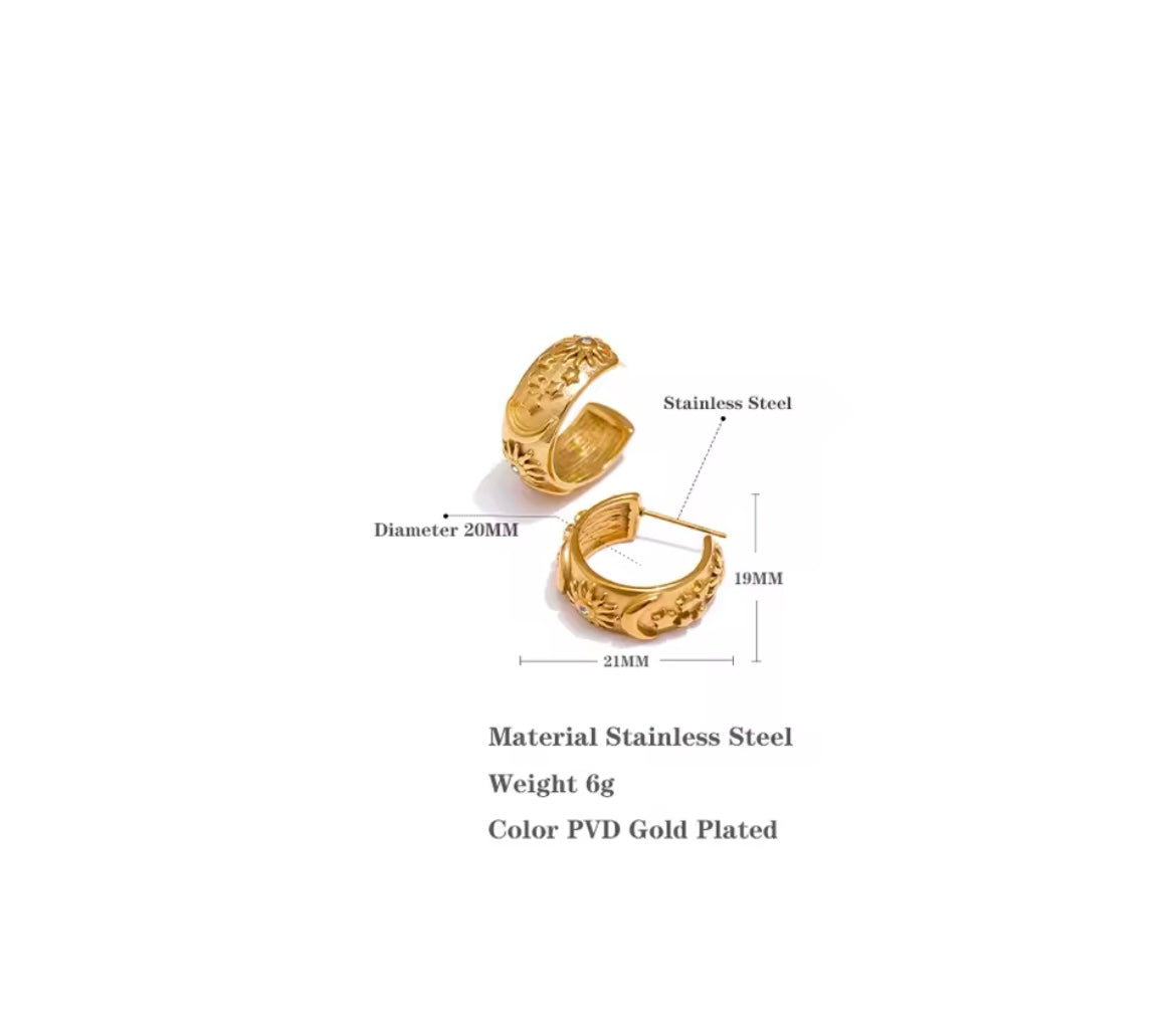 Stainless Steel Hoop Earrings – Moon, Star, & Sun Geometric Design