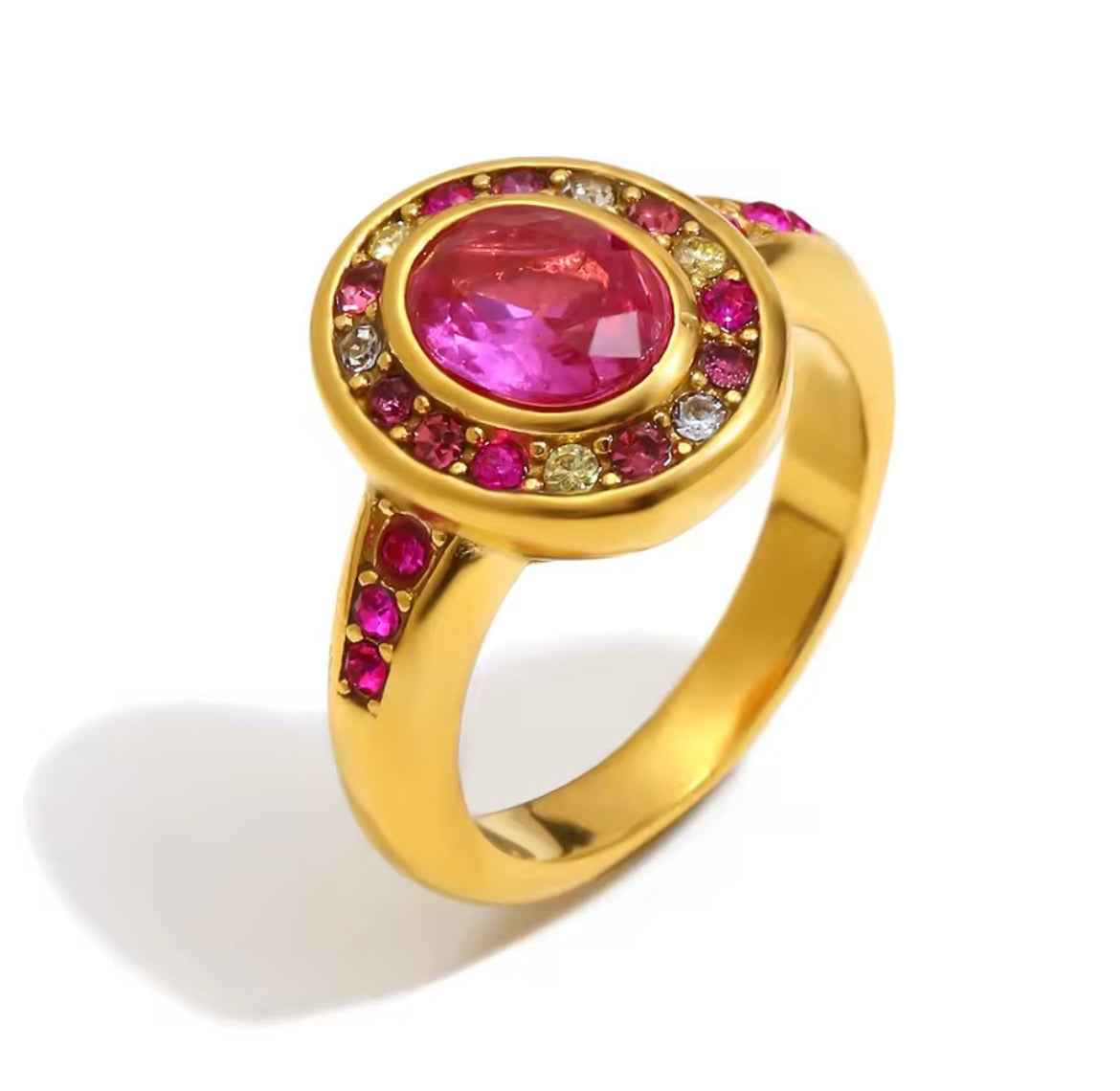 Ruby Radiance Halo Ring – 18K Gold Plated Stainless Steel