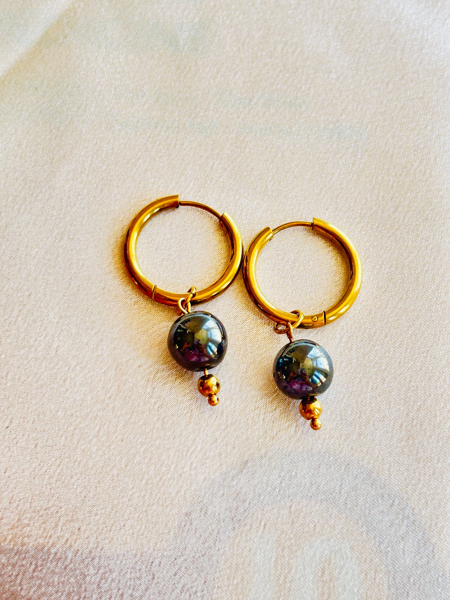 Golden Gemstone Hoop Earrings – Natural Stone Collection - Handmade