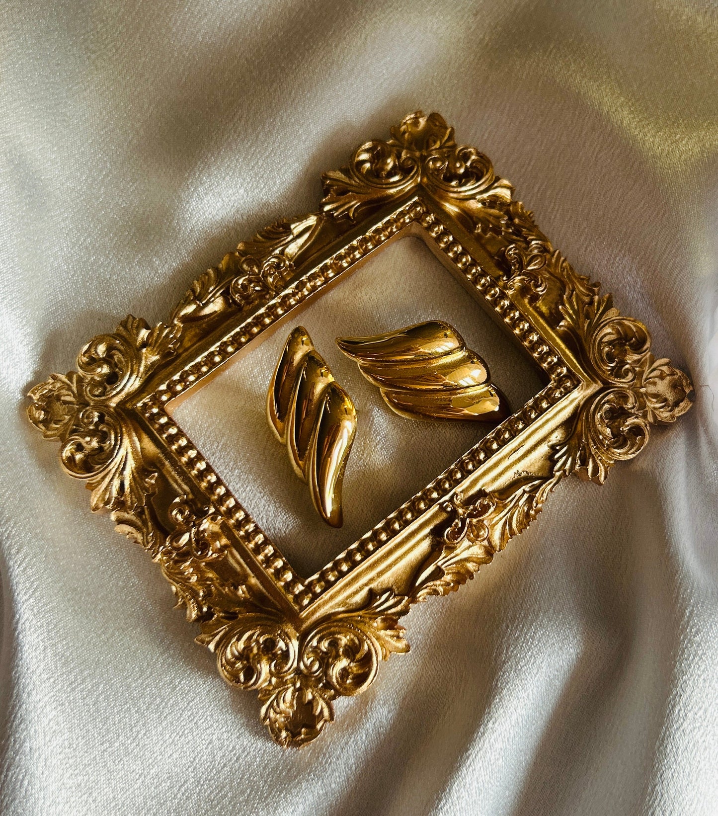Elegant Daily Wing Earrings in 18K gold plated stainless steel displayed in ornate gold frame.