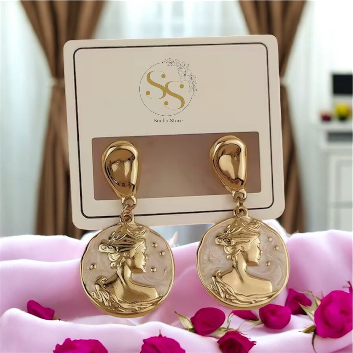 Goddess Cameo Enamel Drop Earrings
