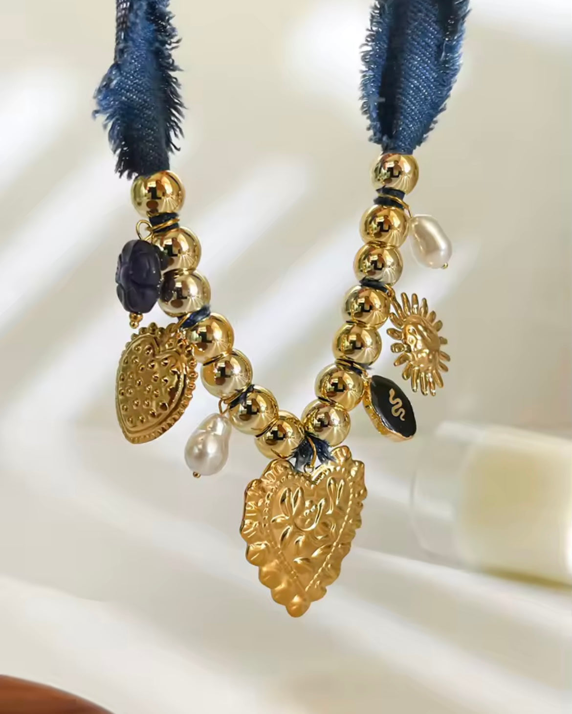 Boho Treasure Fabric Necklace – Stainless Steel & Acrylic Charm Statement Piece