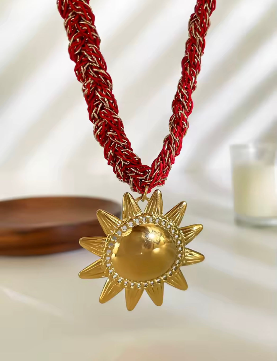 Boho Treasure Fabric Necklace – Stainless Steel & Acrylic Charm Statement Piece