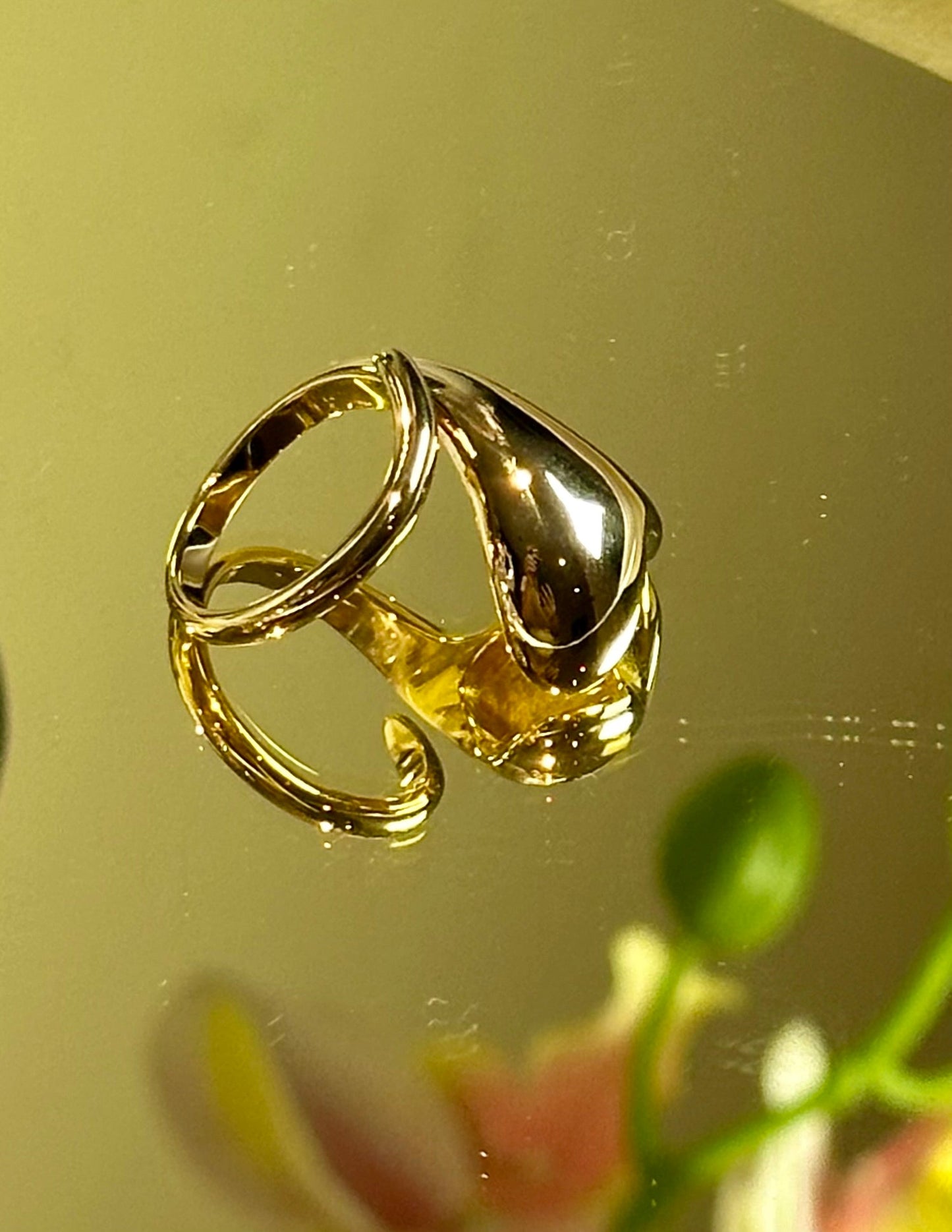 Nugget Heart Ring with 18K gold plating and unique heart design on mirror surface.