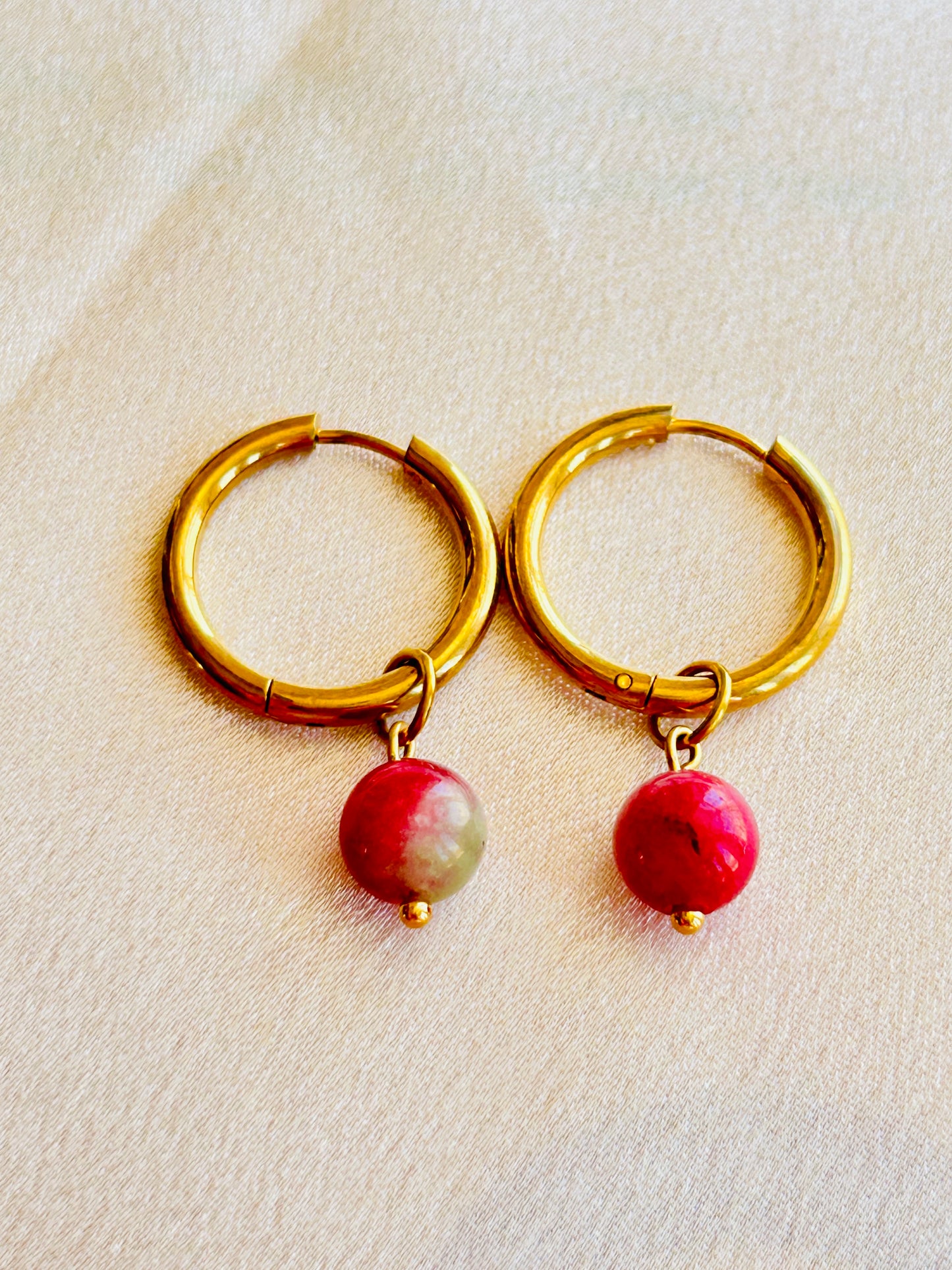 Golden Gemstone Hoop Earrings – Natural Stone Collection - Handmade