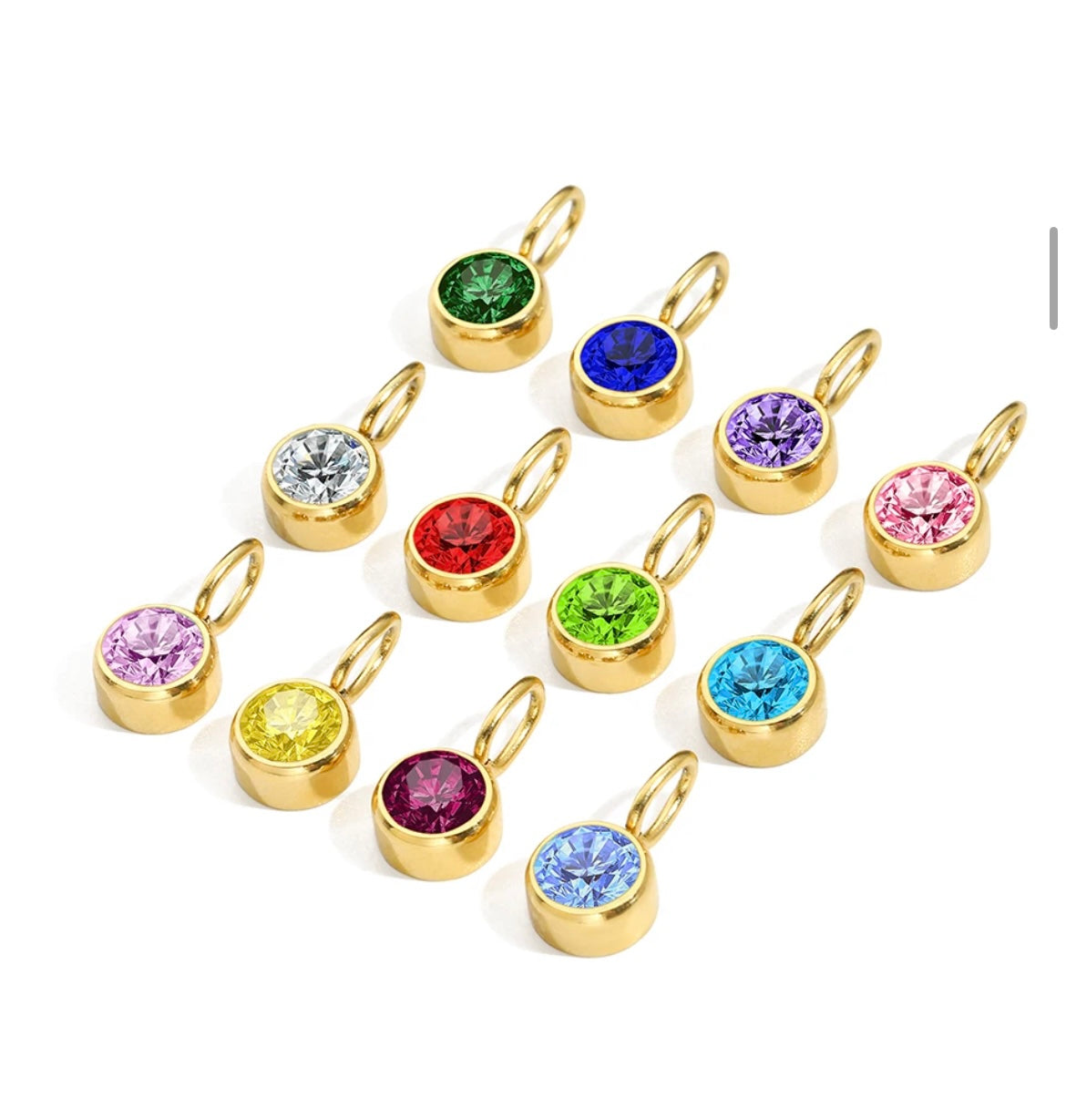Birthstone Charm Necklace with colorful birthstone pendants on a gold-plated chain.