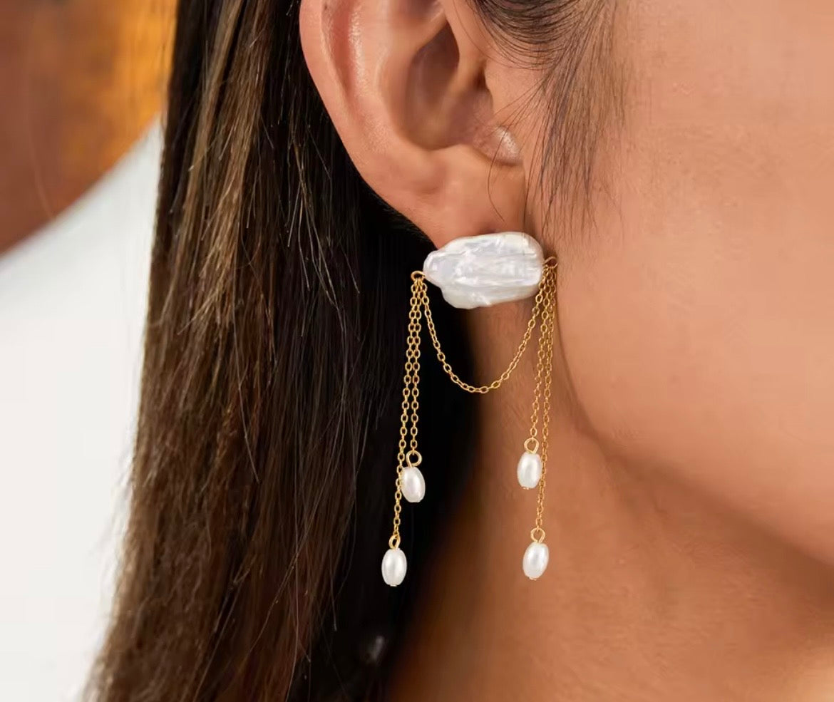 Baroque Freshwater Pearl Chain Drop Earrings
