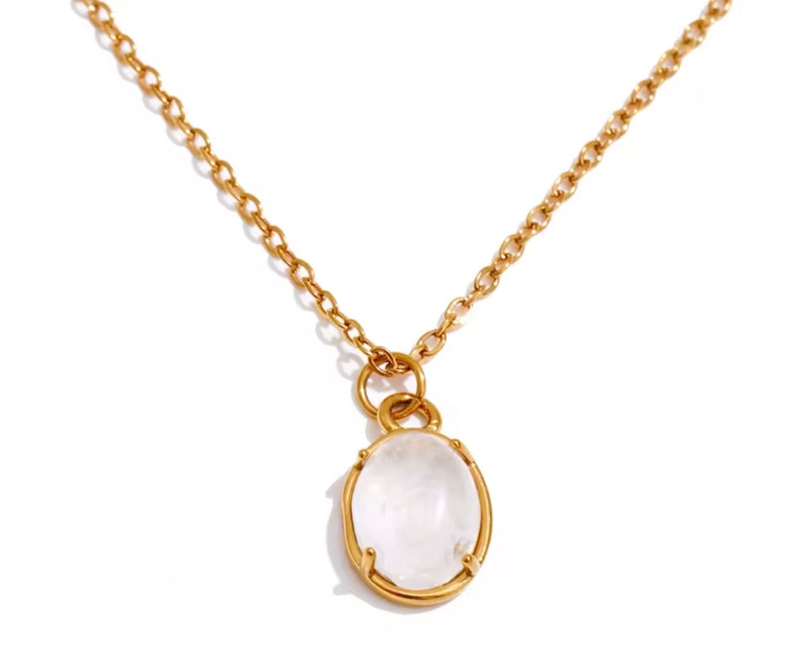Natural White Stone Pendant Necklace – 18K PVD Gold Plated Stainless Steel