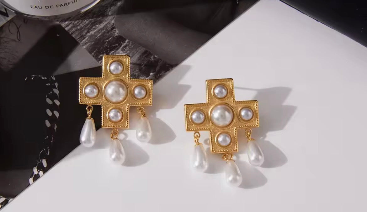 Vintage Cross Imitation Pearl Drop Earrings