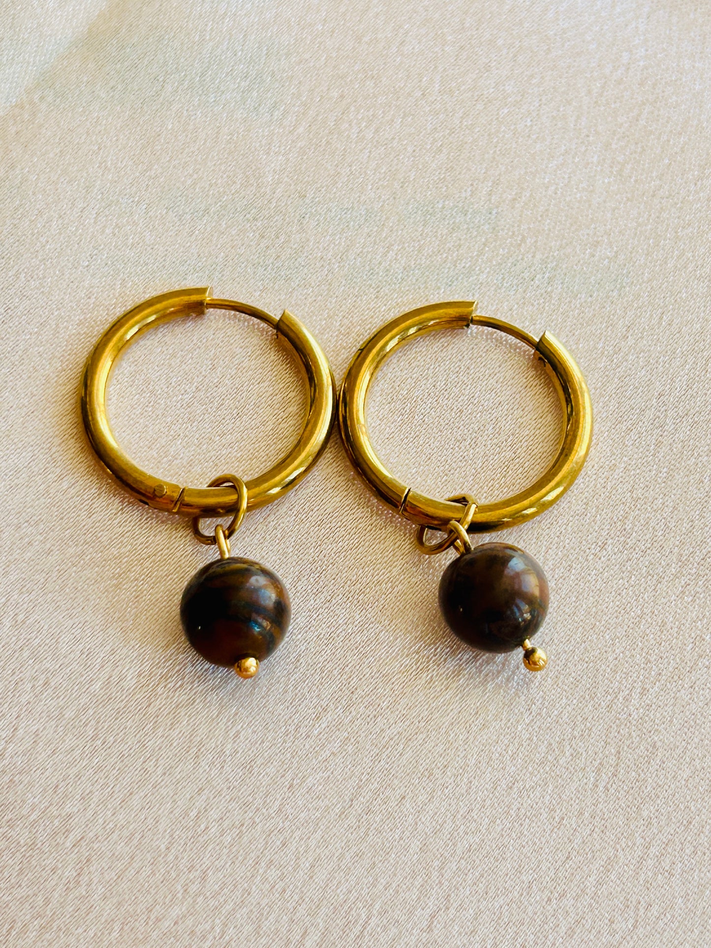 Golden Gemstone Hoop Earrings – Natural Stone Collection - Handmade
