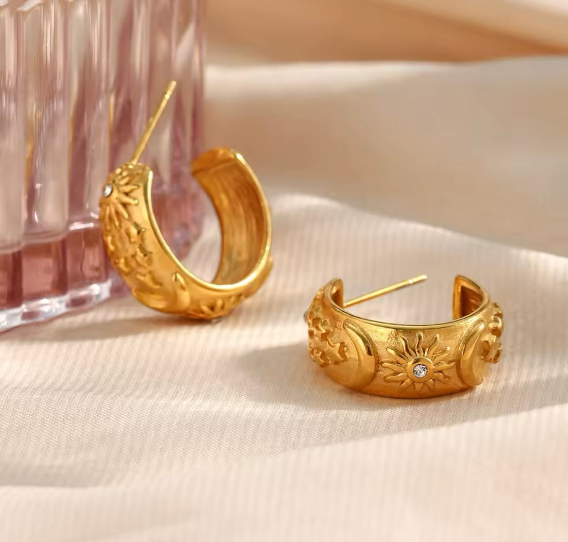 Stainless Steel Hoop Earrings – Moon, Star, & Sun Geometric Design
