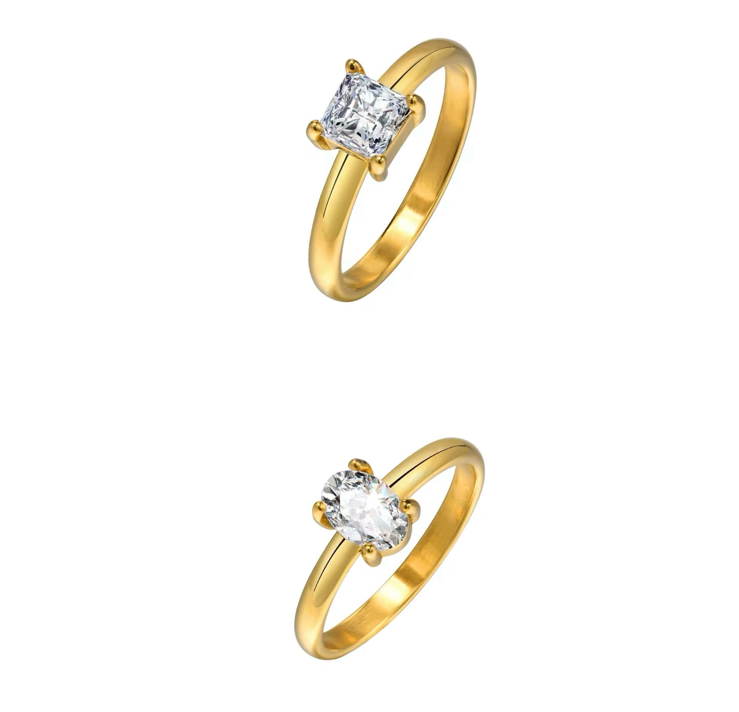 Classic Solitaire Gold-Plated Stainless Steel Rings – Oval & Square Cut AAA Zirconia