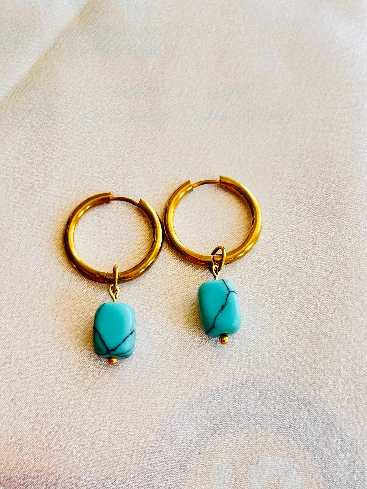Golden Gemstone Hoop Earrings – Natural Stone Collection - Handmade