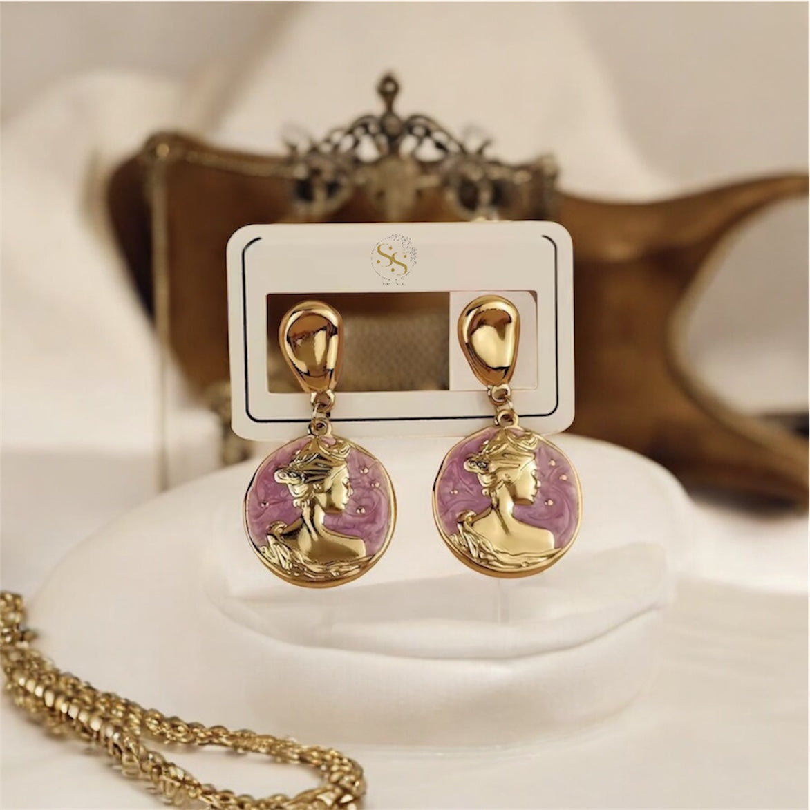 Goddess Cameo Enamel Drop Earrings