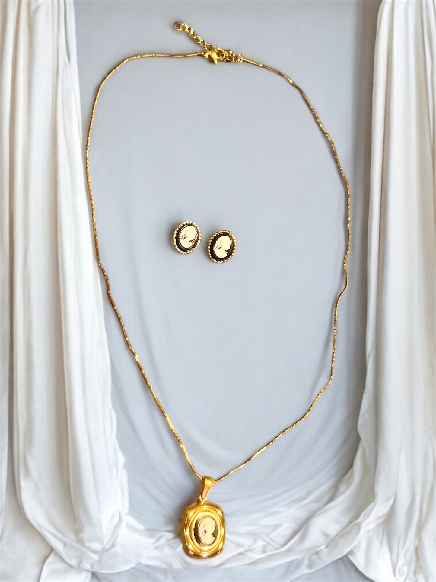 Vintage Cameo Goddess small Earring Stud and Necklace