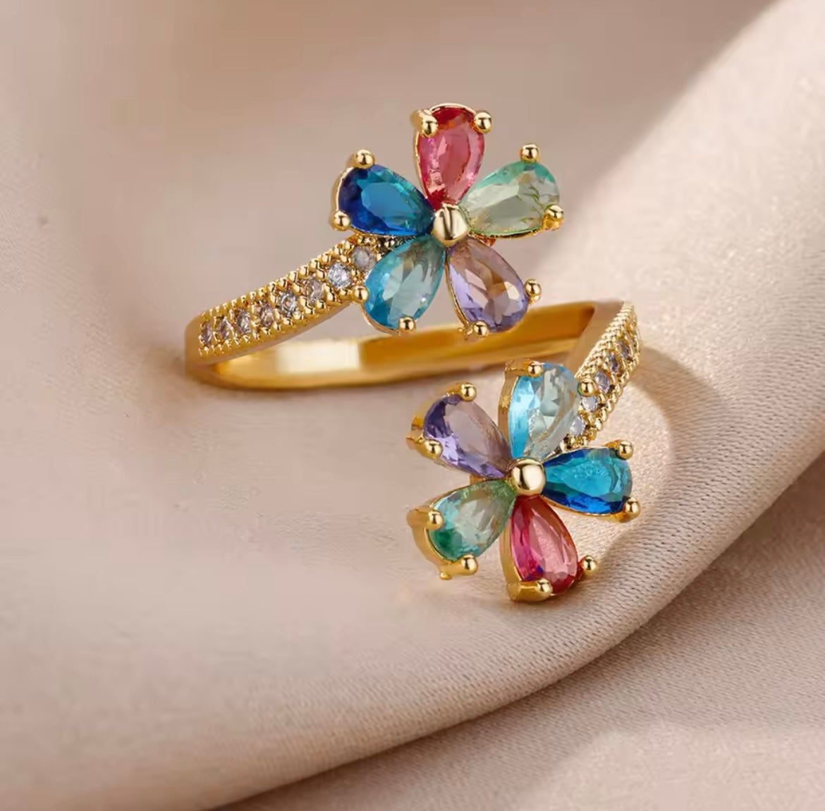 Gold-Plated Double Flower Ring with Colored Zircon