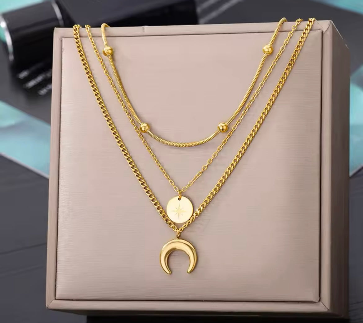 Fashion Moon Pendant Necklace for Women – Stainless Steel Multilayer Gold Plated Chain