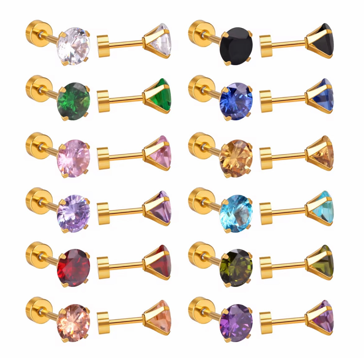 Twist-Back Flat Stud Earrings – Cubic Zirconia Stainless Steel (Gold Plated)