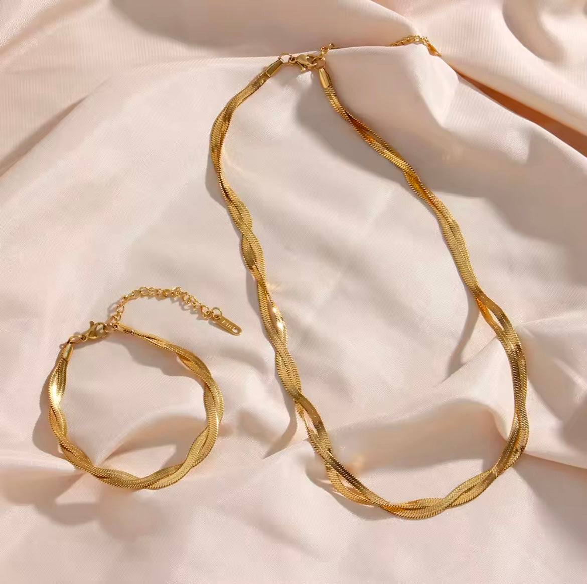 Twist Snake Chain Necklace & Bracelet (Gold-Plated Stainless Steel)