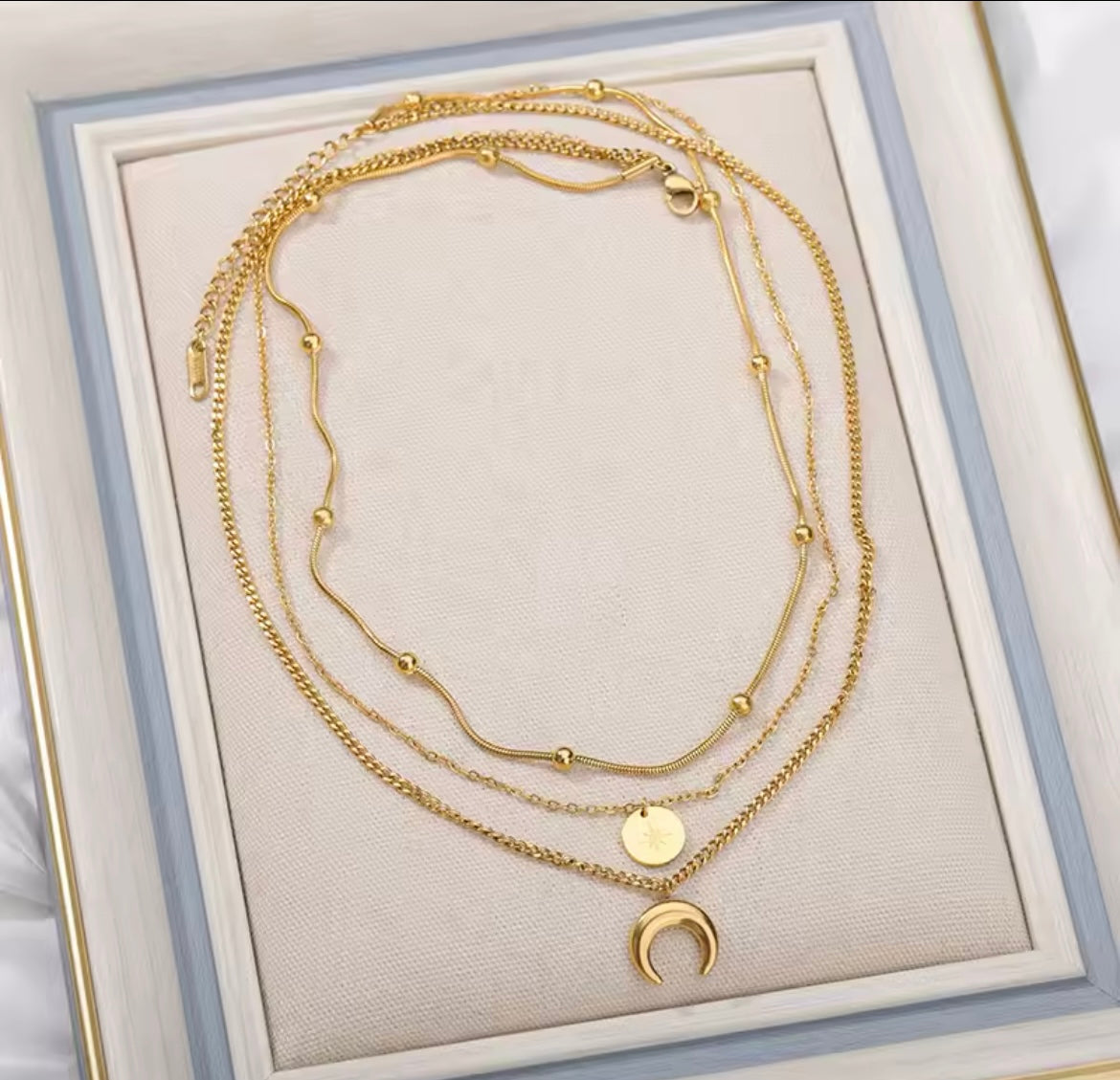 Fashion Moon Pendant Necklace for Women – Stainless Steel Multilayer Gold Plated Chain