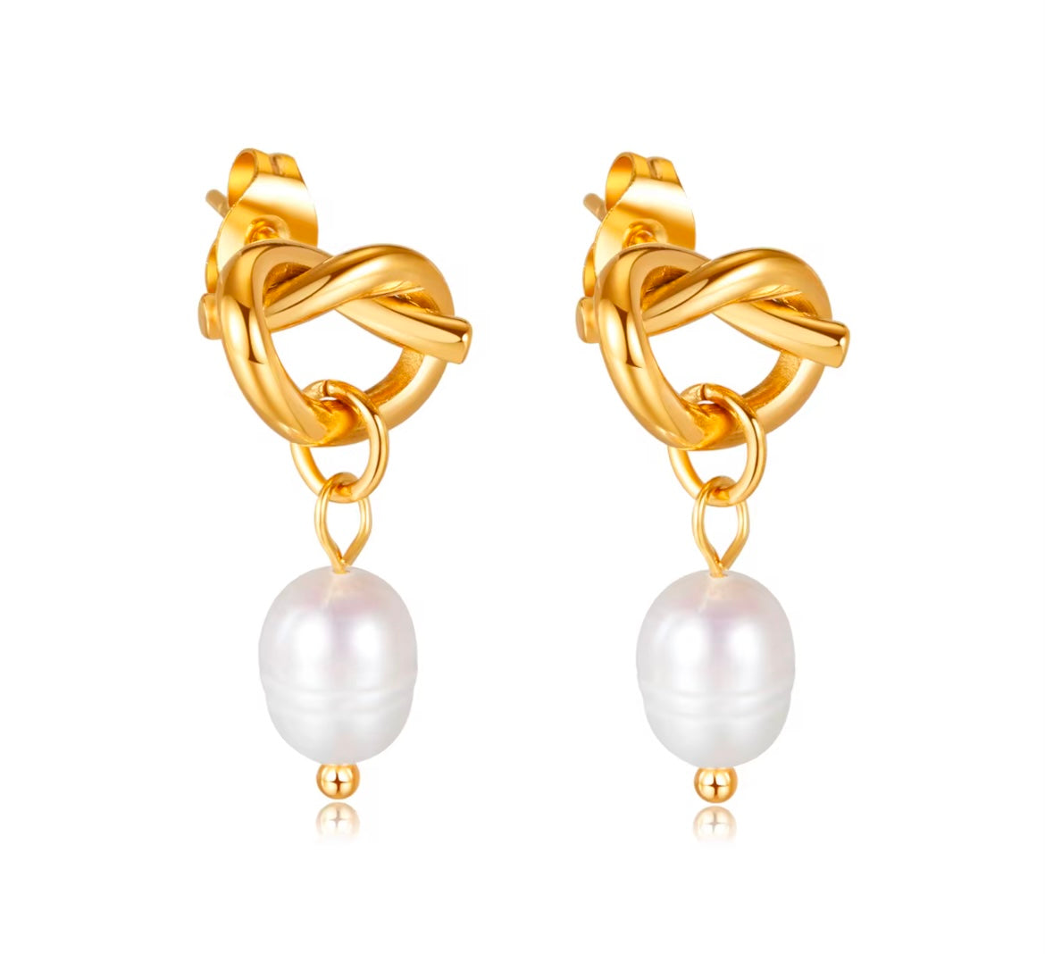 Golden Knot Pearl Drop Earrings
