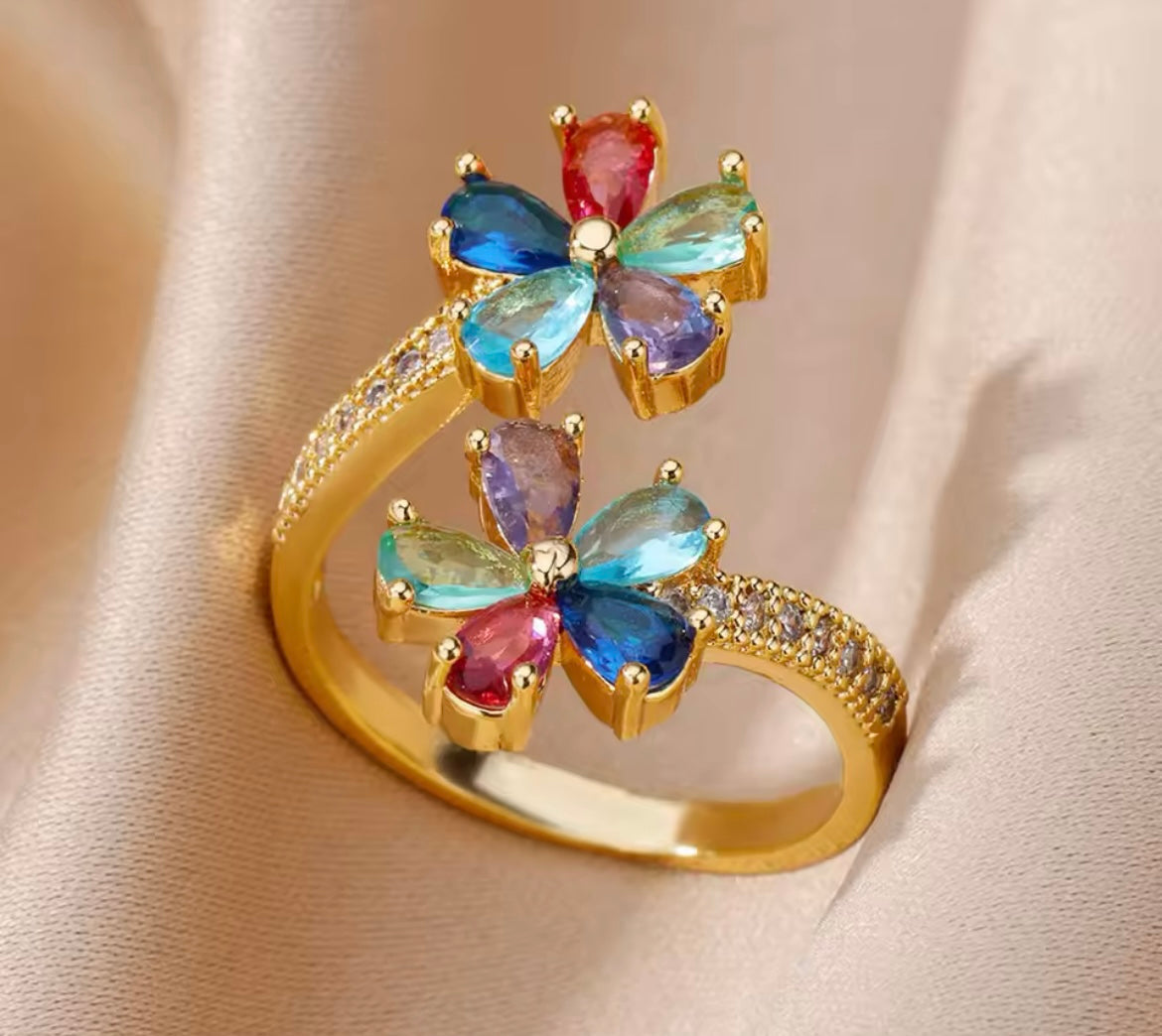 Gold-Plated Double Flower Ring with Colored Zircon
