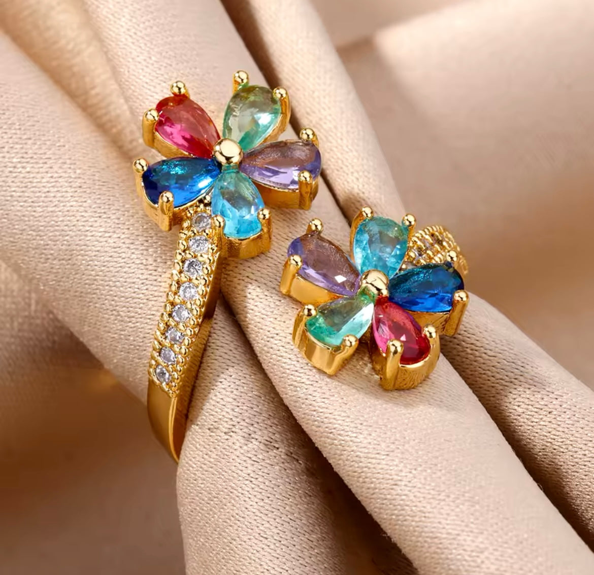 Gold-Plated Double Flower Ring with Colored Zircon