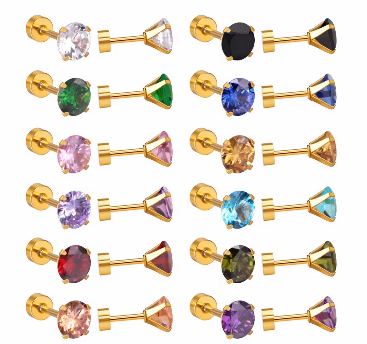 Twist-Back Flat Stud Earrings – Cubic Zirconia Stainless Steel (Gold Plated)
