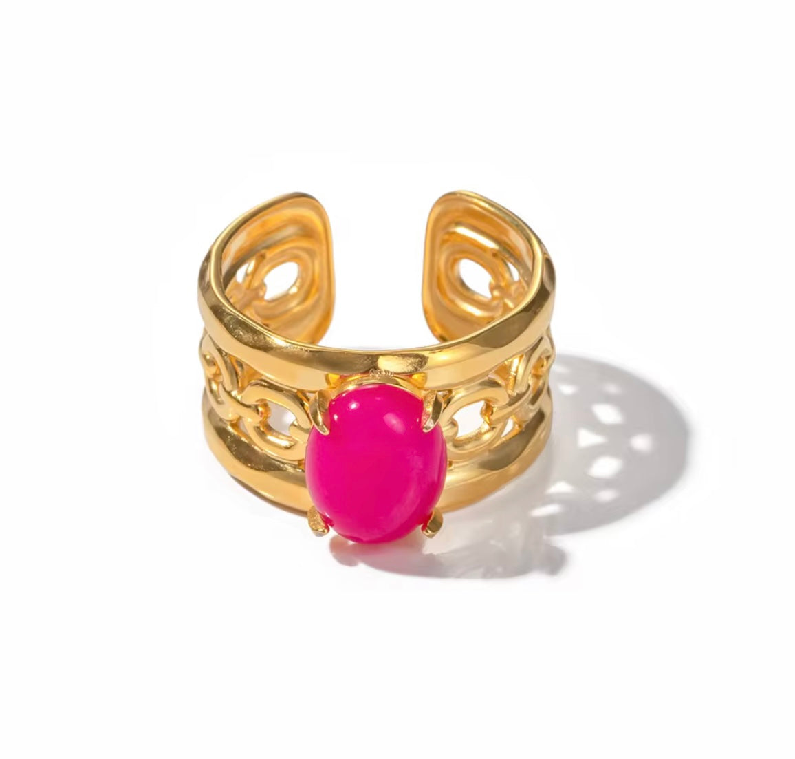 Bold Majesty Open Band Ring – 18K Gold Plated with Pink Oval Crystal (Size 7)