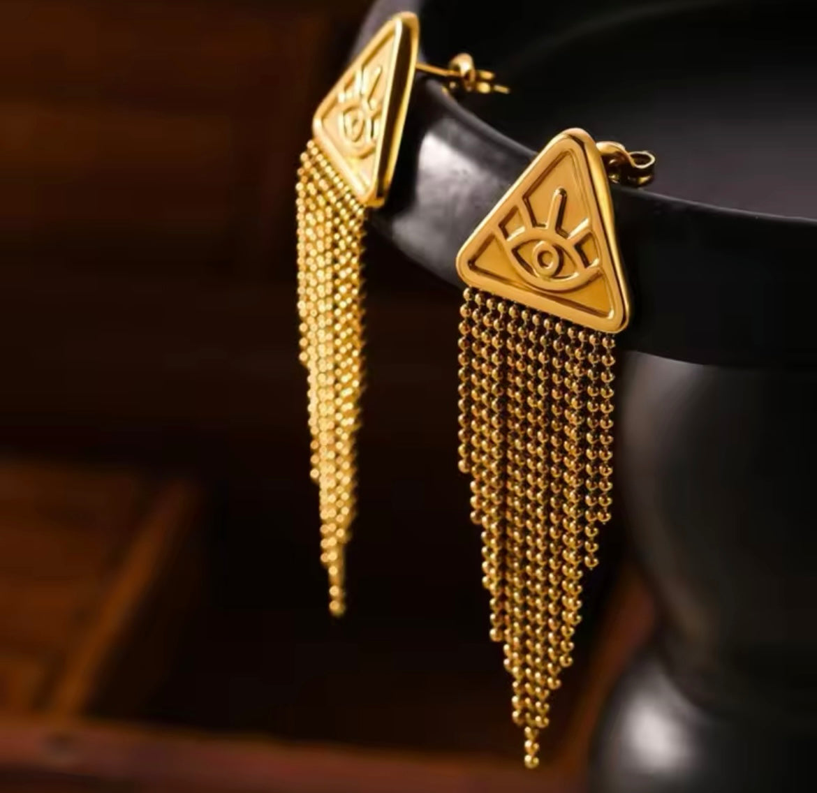 Stainless Steel Tassel Dangle Earrings – Gold Triangle Evil Eye