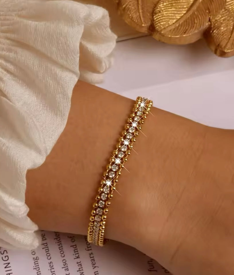 Elegant Gold-Plated Stainless Steel Crystal Beaded Bracelet