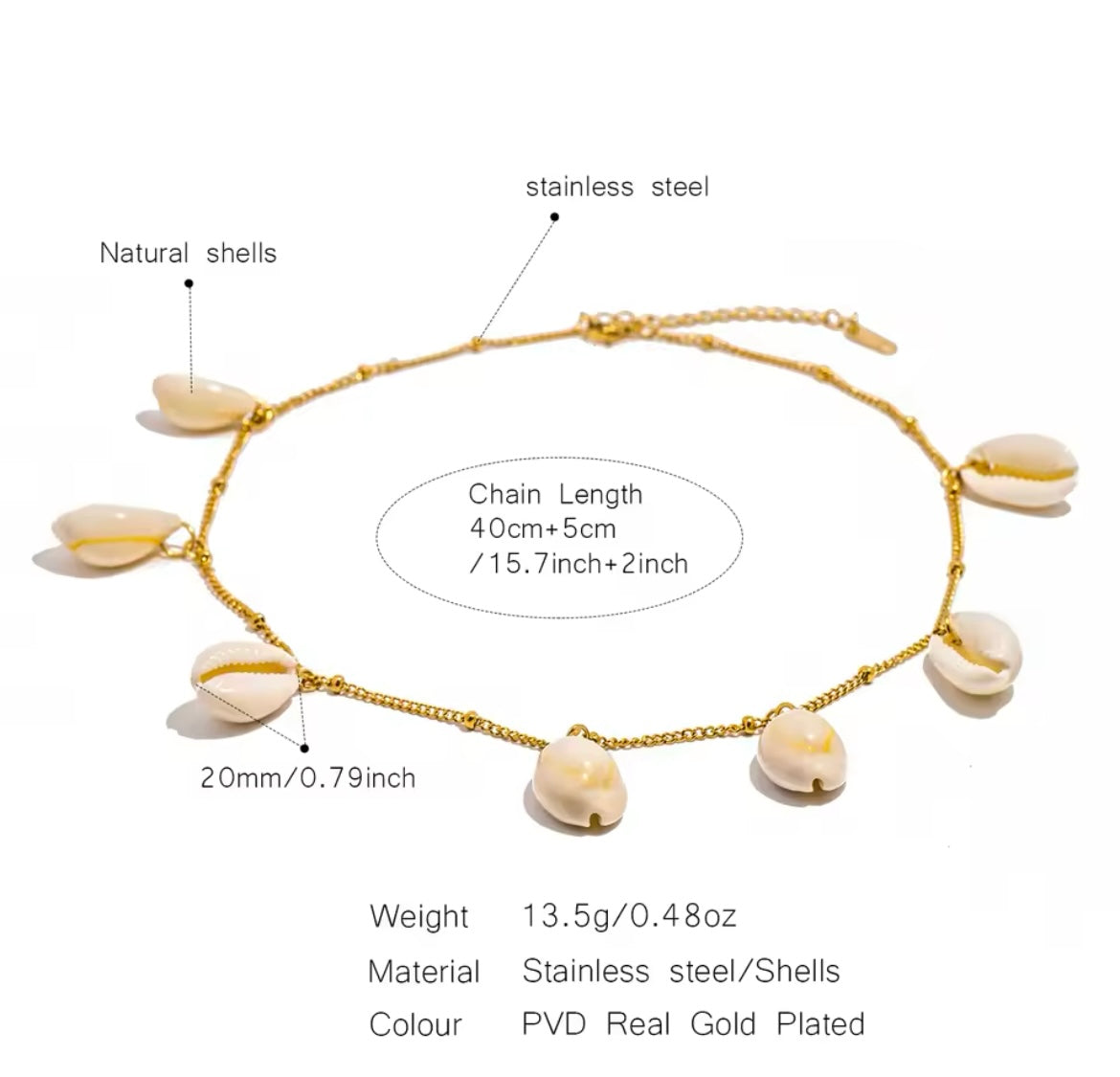 Gold-Plated Stainless Steel Necklace with multi Natural Shell Charms