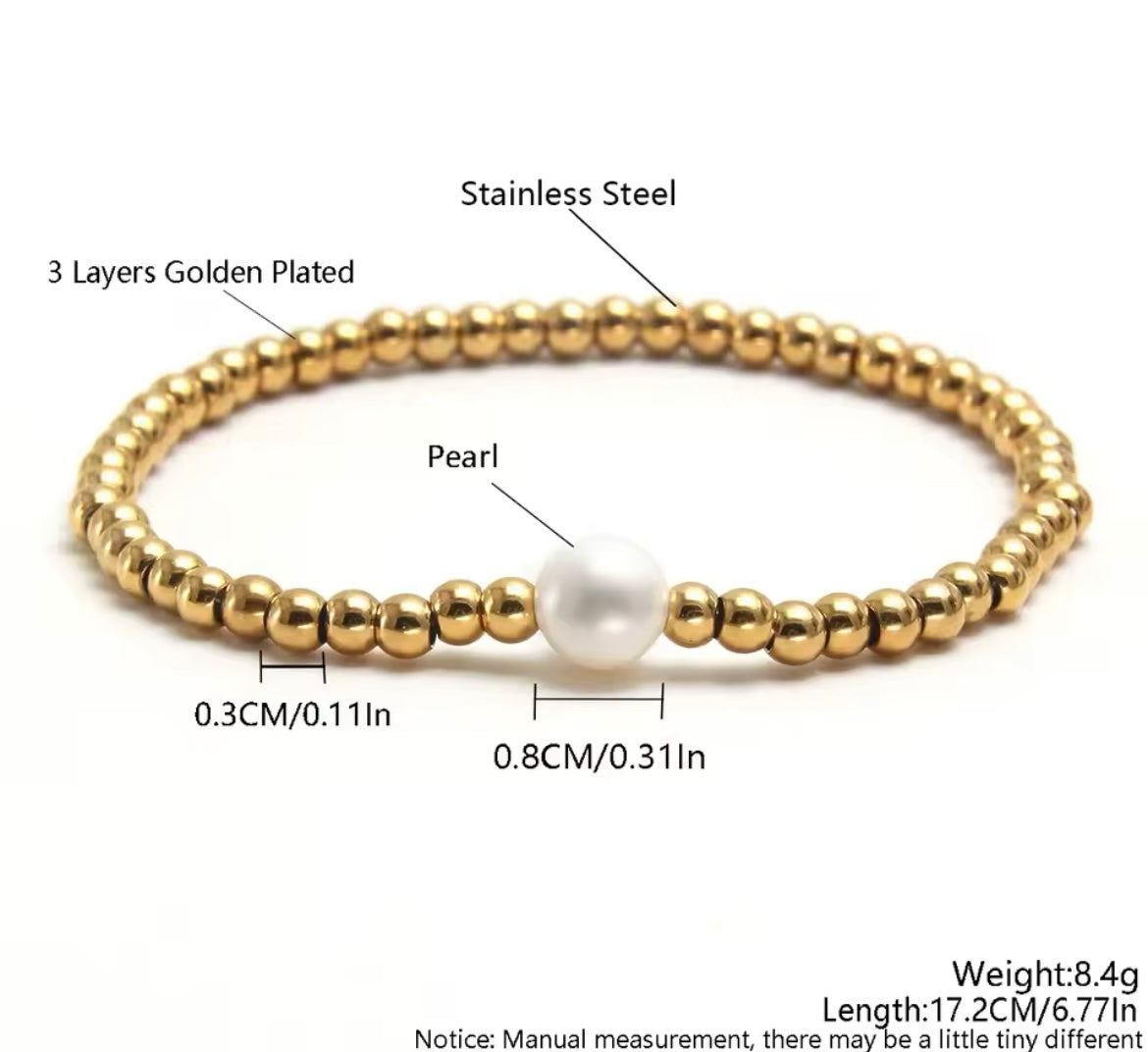 Golden Beaded Bracelet with Imitation Pearl – Stainless Steel