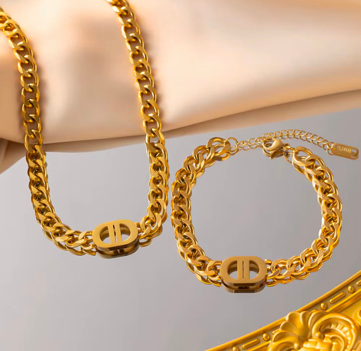 Chunky 18K Gold-Plated Cuban Chain Necklace & Bracelet (Sold Separately)