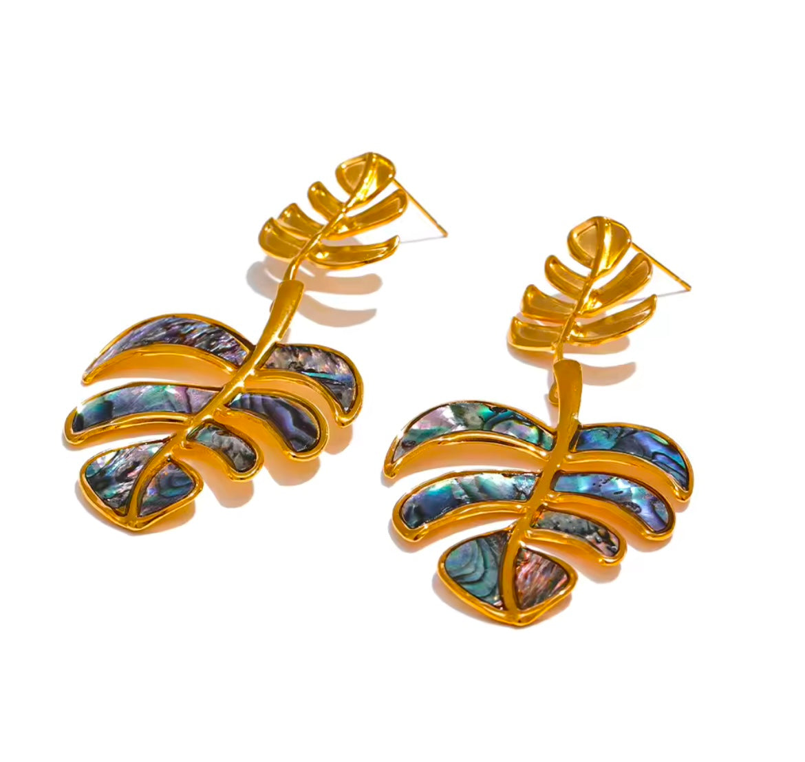 Big Leaves Drop Dangle Statement Earrings – 18k PVD Plated with Natural Shell