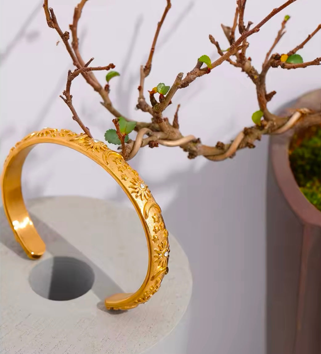 Sun, Moon, and Star Adjustable Gold-Plated Cuff Bracelet Stainless Steel