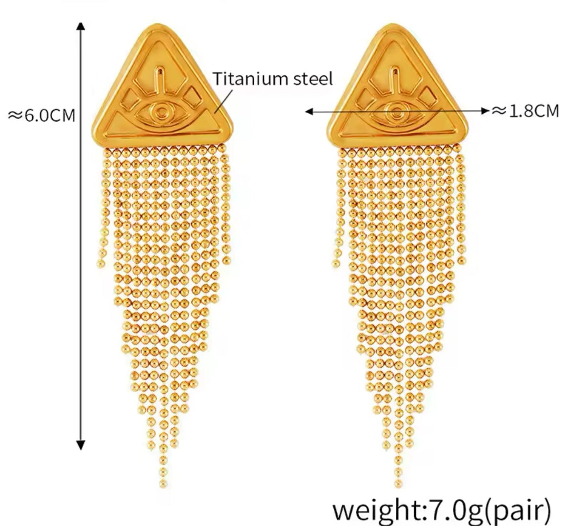 Stainless Steel Tassel Dangle Earrings – Gold Triangle Evil Eye