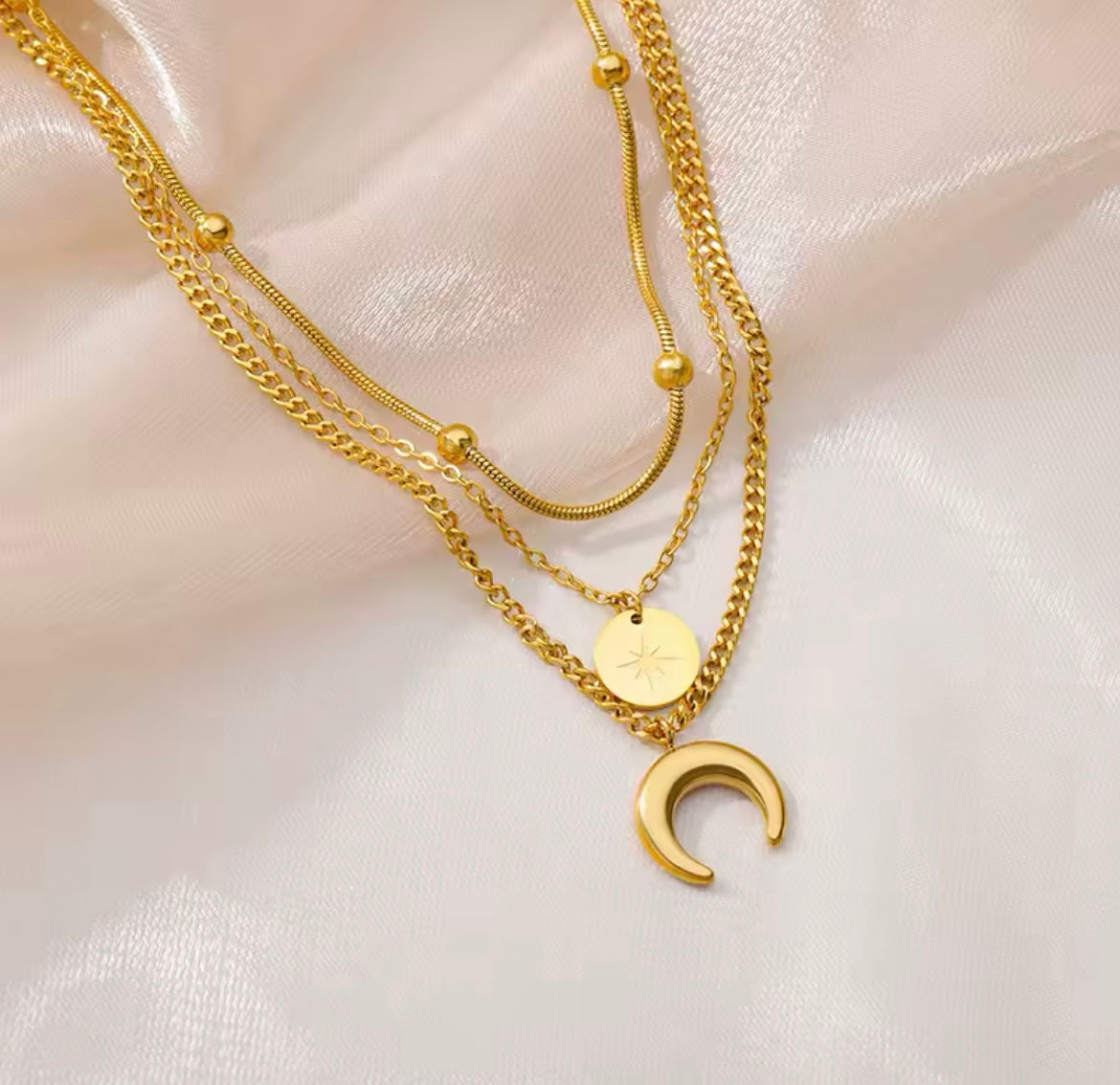 Fashion Moon Pendant Necklace for Women – Stainless Steel Multilayer Gold Plated Chain
