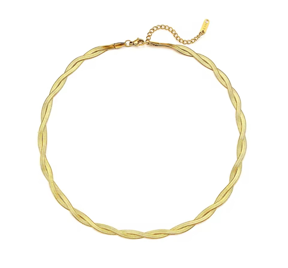 Twist Snake Chain Necklace & Bracelet (Gold-Plated Stainless Steel)