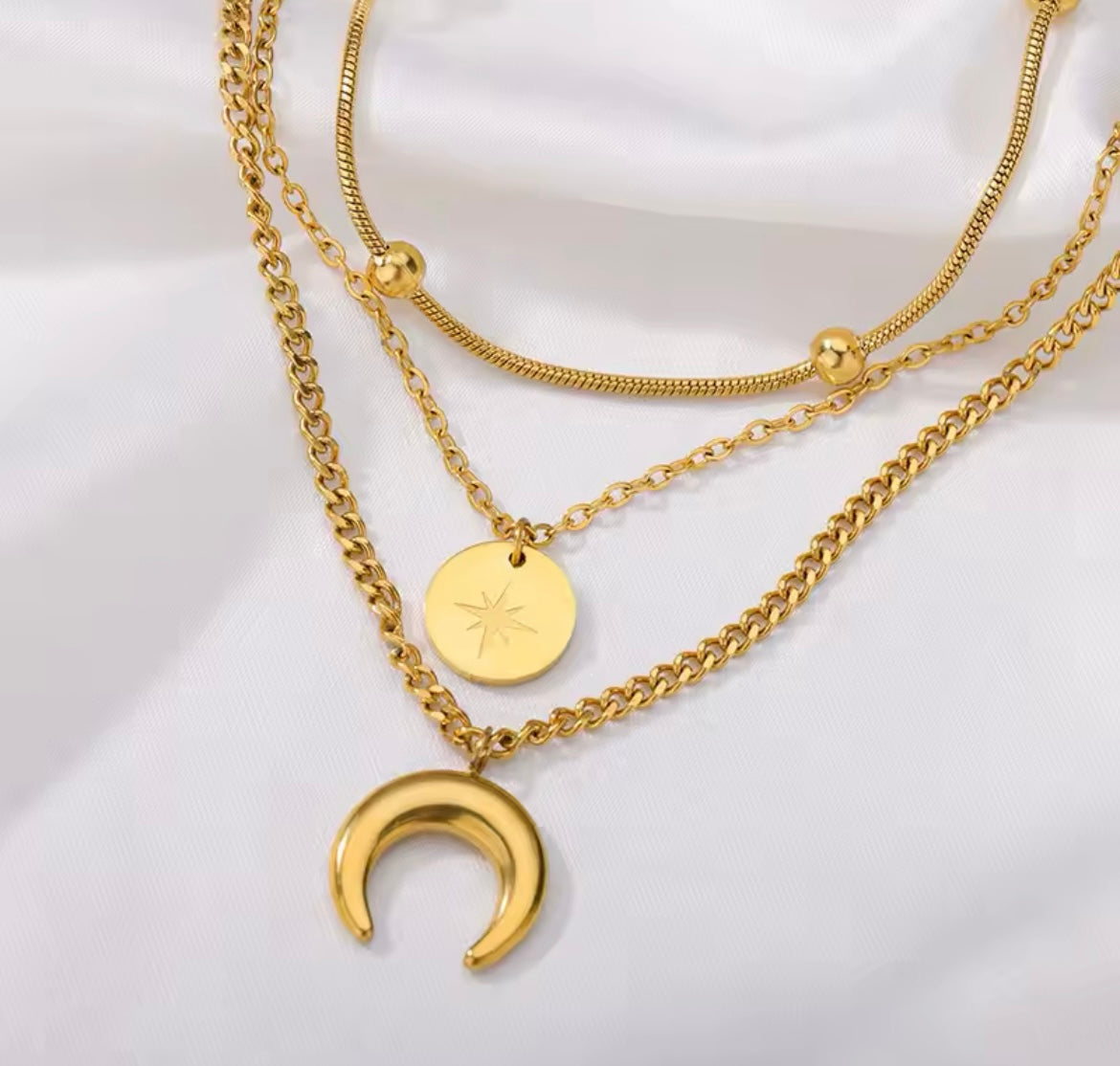 Fashion Moon Pendant Necklace for Women – Stainless Steel Multilayer Gold Plated Chain