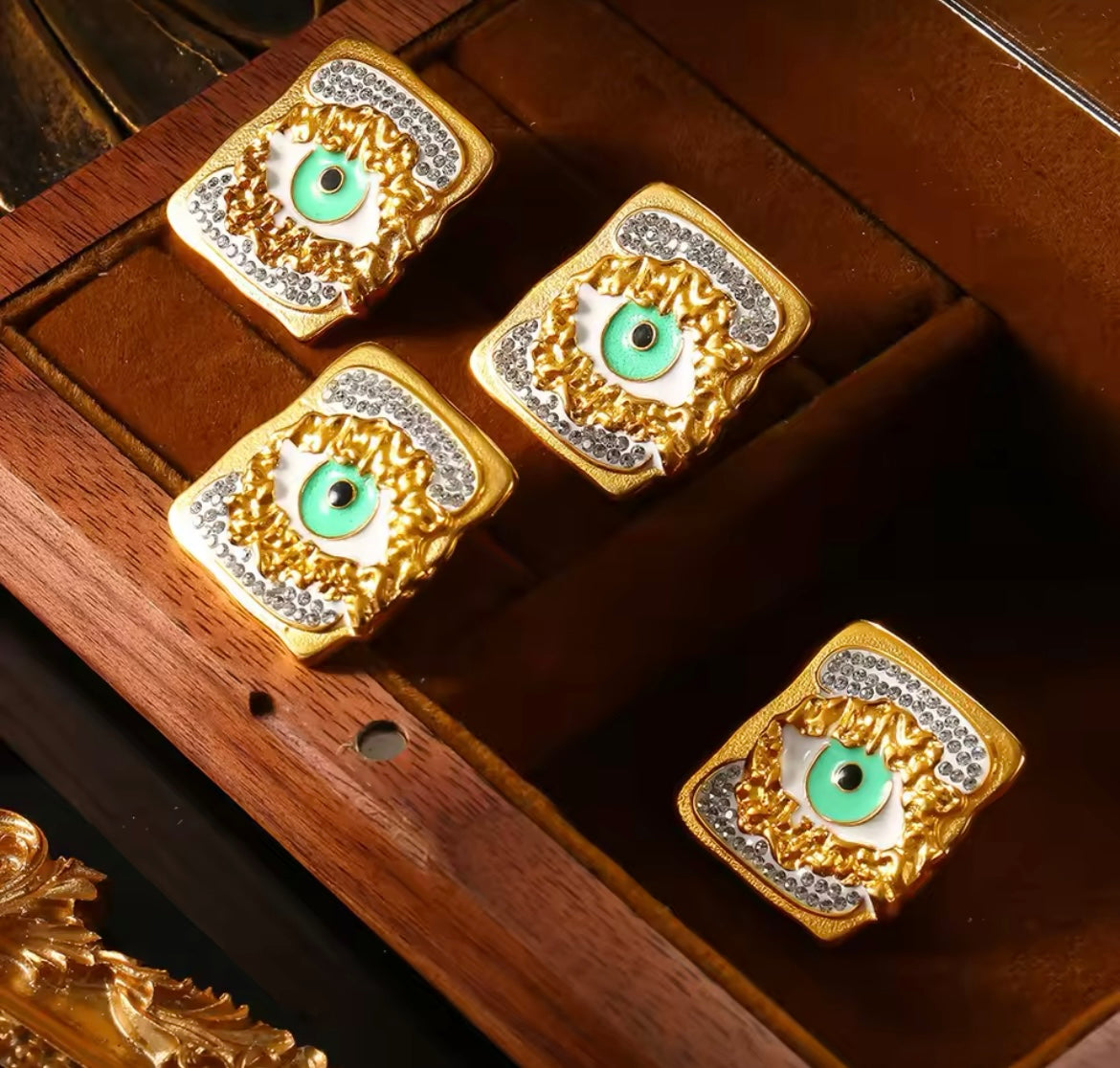 Gold Enamel Evil Eye Stud Earrings for Women – Stainless Steel Waterproof Jewellery with Rhinestones